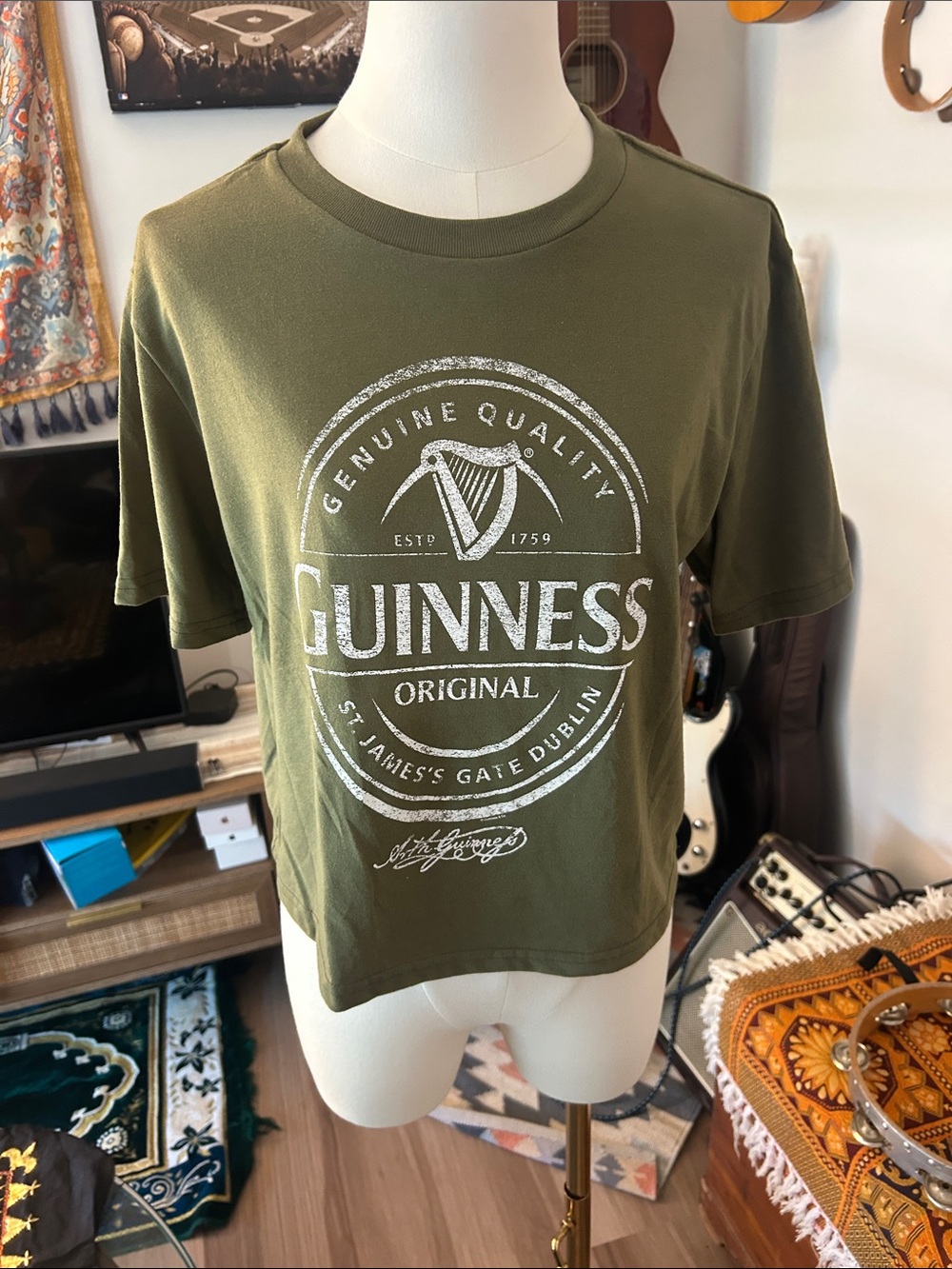 Guinness Olive Green Tee with White Logo